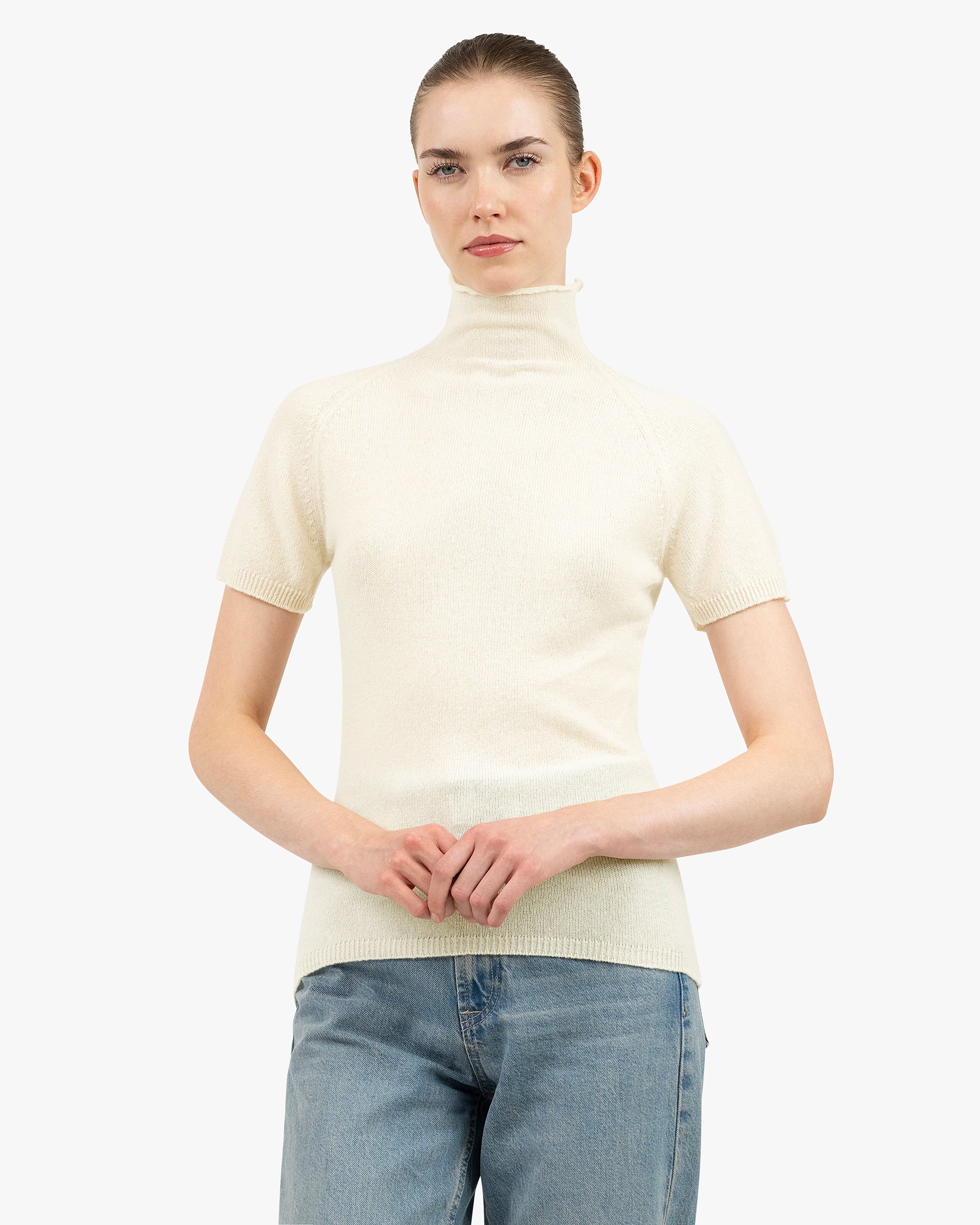 Piuma Mock Neck Tee - White Cashmere